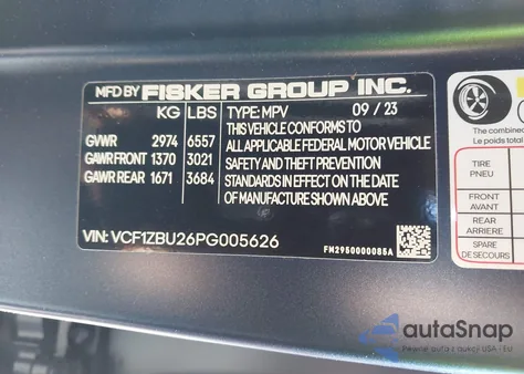 2023 Fisker Ocean One из США, поврежденный, VIN VCF1ZBU26PG005626